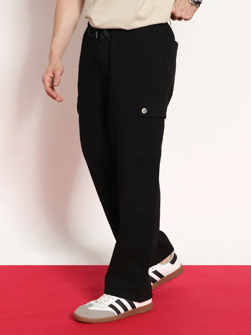 Urbano Fashion Men's Black Loose Baggy Fit Cargo Jogger Chino Pant with 6 Pockets Stretchable